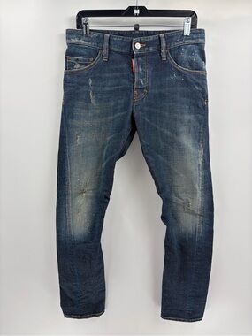 DSQUARED2 men’s paint skinny splatter Blue Distressed Cotton Button Fly Jeans 32